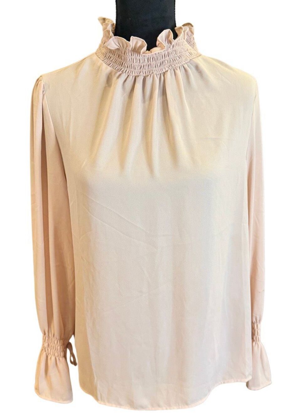 NWT Vince Camuto Smocked High Ruffle Neck Ling Slv Blouse Pink Medium Fairy Femi